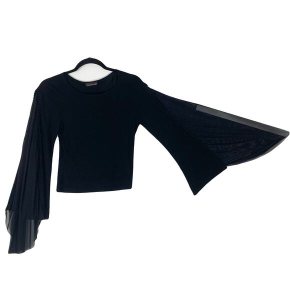 Vintage CASTING Paris Top~M~L FRANCE Y2K Black Bell-Flare-Sl Sheer-Panel Crochet - Picture 1 of 7